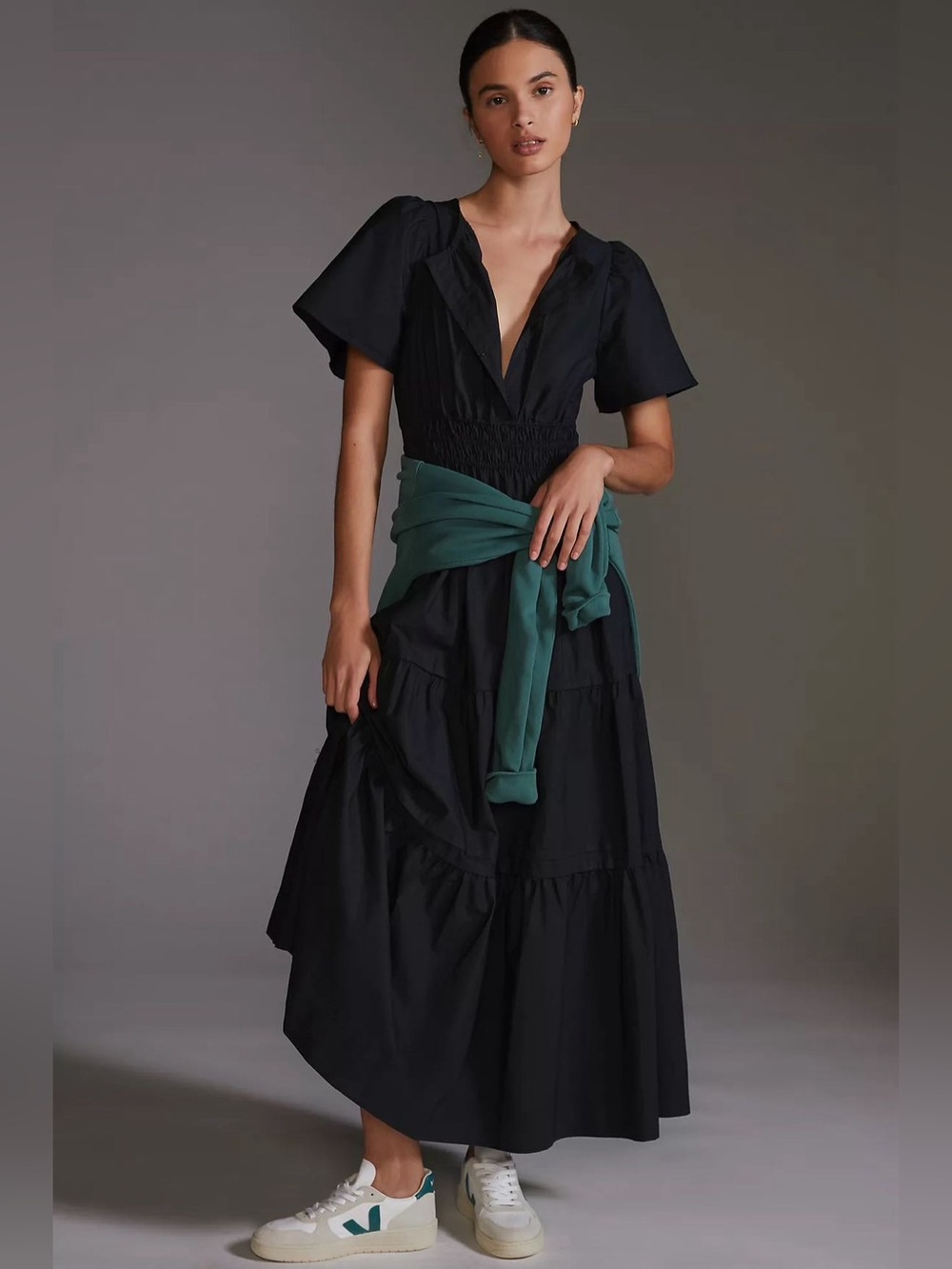 Anthropologie Somerset Black Tiered V-Neck Maxi Dress